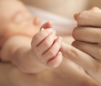 Baby holding adults hand in nursery