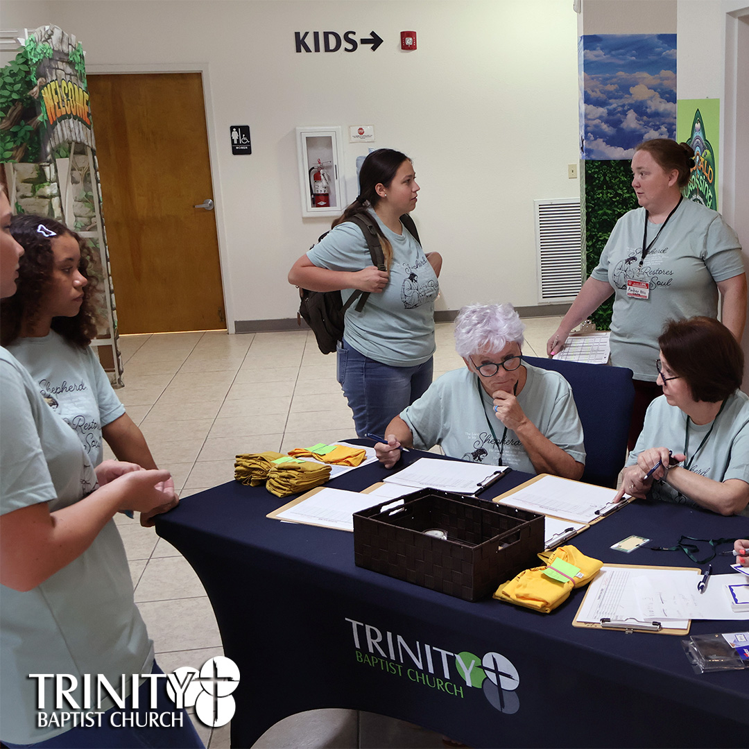 Vacation Bible School at Trinity Baptist Church of Lakeland, FL featured Answers in Genesis program Emerald Crossing, a journey through Psalm 23. We are showing pictures of our volunteers who help setup the decorations, teach the children, and pray for the children every night of VBS